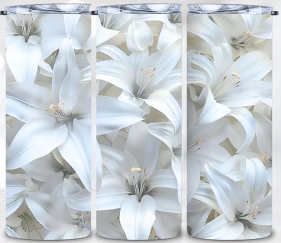3D-Look White Lillies FlowerTumbler, 20 oz Double-Wall Stainless Steel Tumbler, FAST SHIPPING!