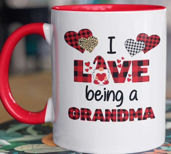Cute "I Love Being a Grandma" or Nana, Gnome/Hearts., 11 oz mug, Great gift for Grandma, Valentine's Gift