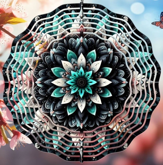 Beautiful Mandala 10" Wind Spinner, Black-Teal-White, Optional Spiral Tail Available, FAST SHIPPING!
