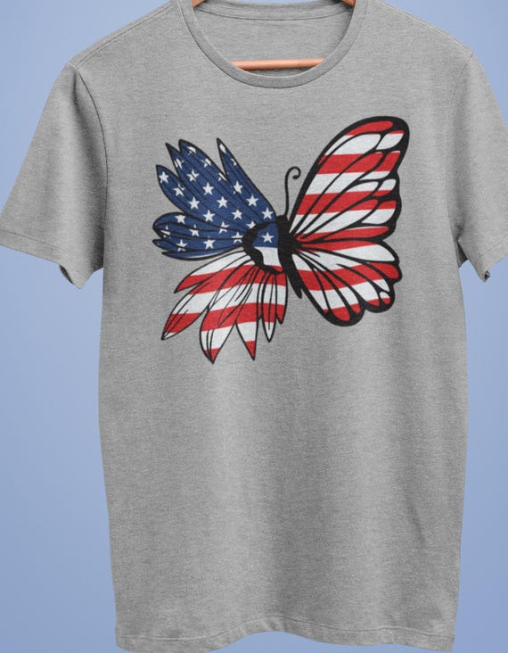 DISCONTINUED!  Patriotic Floral Butterfly Design on a Heather Gray Size L Unisex Crew Neck T-Shirt.  FAST SHIPPING!