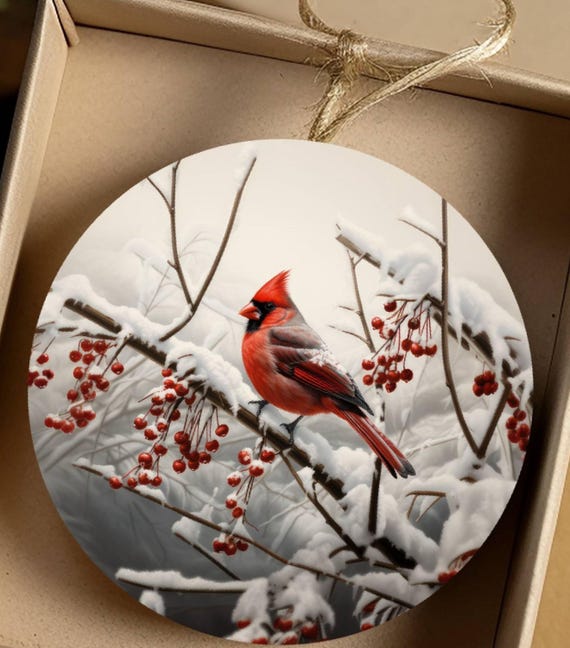 Pretty Cardinal on a Snowy Branch Ornament, Includes Gift Box, FAST SHIPPING!
