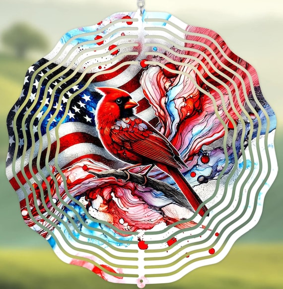 Cardinal with Flag 10" Wind Spinner, Great for Memorial Day, 4th of July, Anytime!,  Optional Spiral Tail Available. FAST SHIPPING!