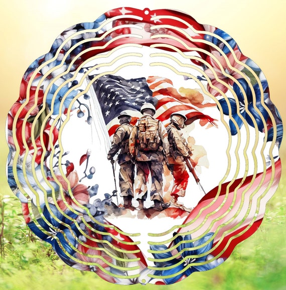 Memorial Day Flag with Soldiers 10" Wind Spinner, Optional Spiral Tail Available, Great for Memorial Day, 4th of July... FAST SHIPPING!