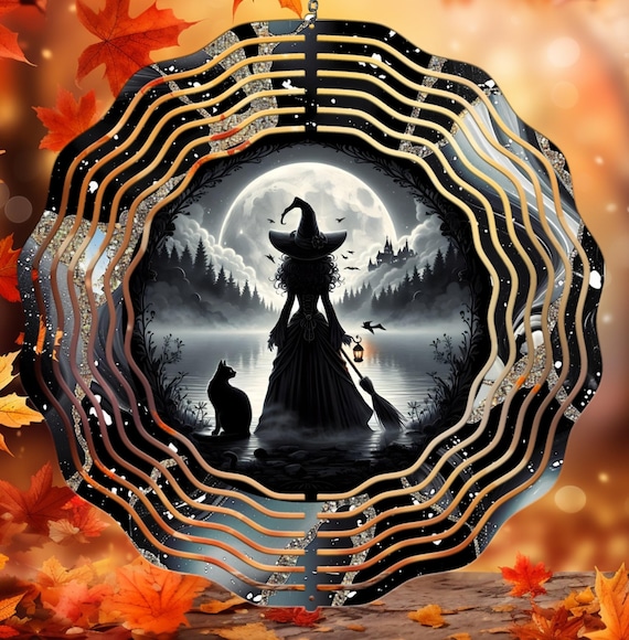 Witch & Black Cat on your choice of an 8", 10" or 12" Wind Spinner, Optional Spiral Tail Available, FAST SHIPPING!