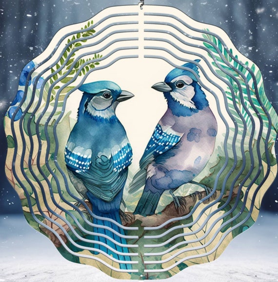 Beautiful Pair of Blue Jays on 10" Wind Spinner, Optional Spiral Tail Available, FAST SHIPPING!
