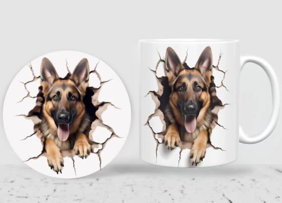 Adorable 3d-Look German Shepard 11-oz Mug, Optional Matching Ceramic Coaster Available, FAST SHIPPING!
