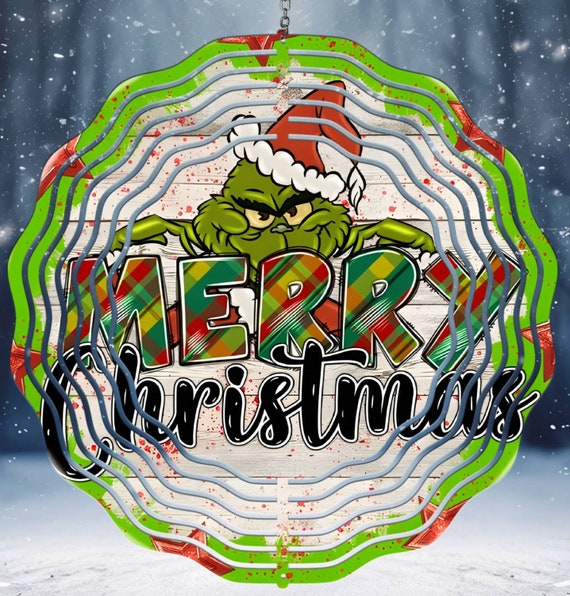 Fun Grinch "Merry Christmas" 10" Wind Spinner, Christmas Spinner, Optional Spiral Tail Available, FAST SHIPPING!