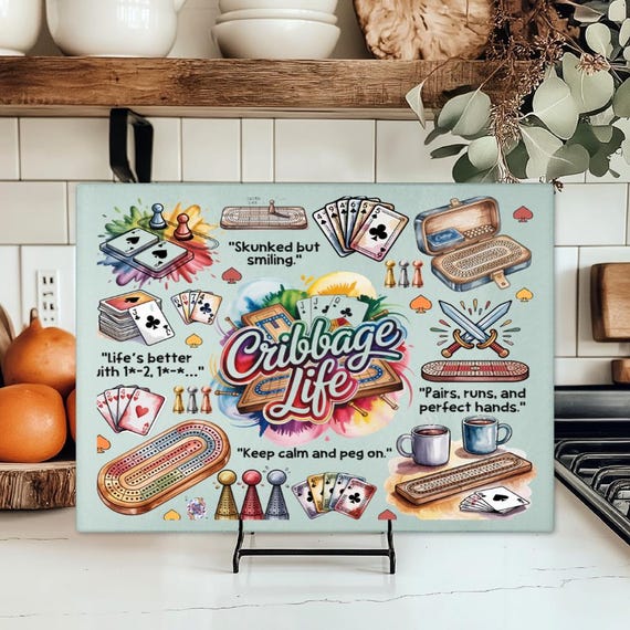 Fun "Cribbage Life" 15"x11" Tempered Glass Cutting Board, FAST SHIPPING!