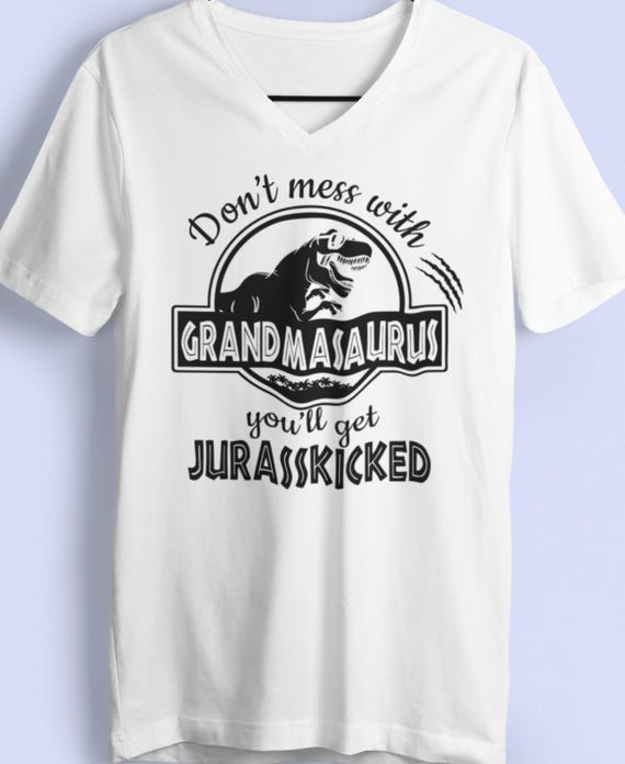 CLEARANCE!  "Don't mess with Grandmasaurus or you'll get Jurasskicked!  SIZE M White V-Neck, Fast Shipping!