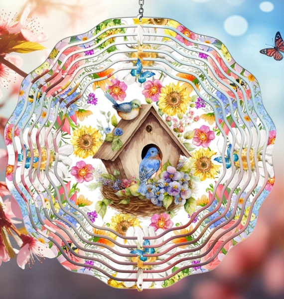 Pretty Birdhouse with Spring Floral Background 10" Wind Spinner, Optional Spiral Tail Available, FAST SHIPPING!