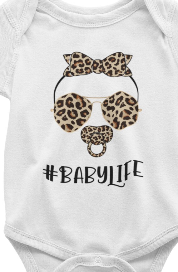 Adorable #BabyLife Leopard Print bodysuit, Hair, Pacifier, Sunglasses, Bow