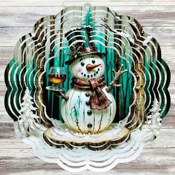 Cute Snowman with Glass of Wine 10" Wind Spinner, Item #SP290, Optional Spiral Tail Available, FAST SHIPPING!