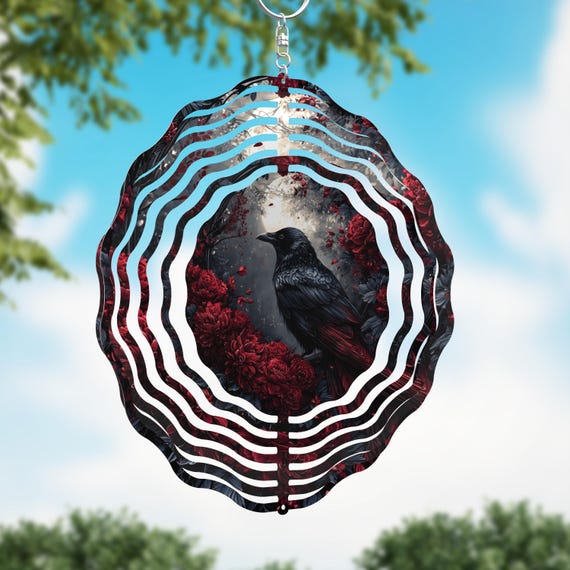 Gothic Raven and Roses Wind Spinner on your choice of an 8" or 10" Wind Spinner, Optional Spiral Tail Available. FAST SHIPPING!