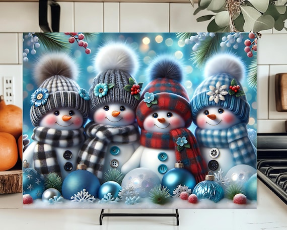 Cute Snowmen Cutting Board, Tempered Glass, Choice of Size, Winter or Holiday Design, FAST SHIPPING!