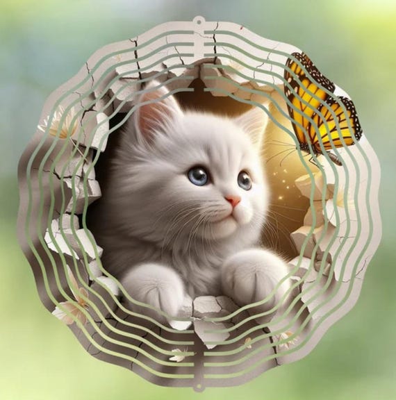 Sweet White Kitten 10" Wind Spinners, Item SP314, Optional Spiral Tail Available, FAST SHIPPING!