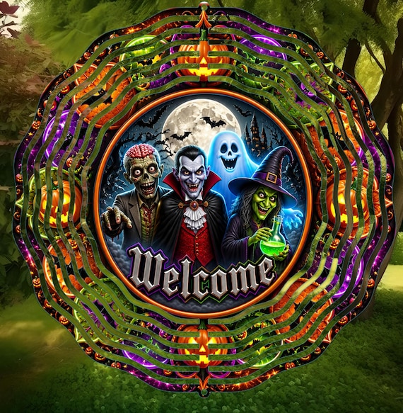 Halloween Welcome Wind Spinner, Spooky Witch and Pumpkins on an 8", 10", or 12" Spinner, Optional Spiral Tail Available, FAST SHIPPING!