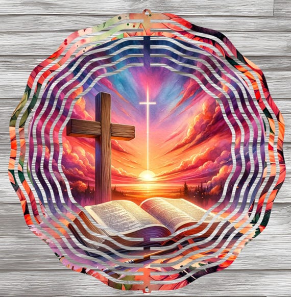 Beautiful Christian Cross Bible Sunset 10" Wind Spinner, Optional Spiral Tail Available, FAST SHIPPING!