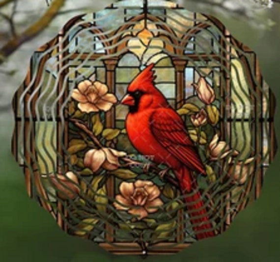 Beautiful Cardinal Stained Glass Look 10" Wind Spinners. Optional Spiral Tail Available. FAST SHIPPING!