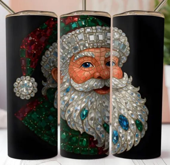 EXTRA SPARKLY, Rhinestone-like Santa on a 20 oz Silver Glittery Tumbler, can also be done on Regular Tumber. Fast Shipping!