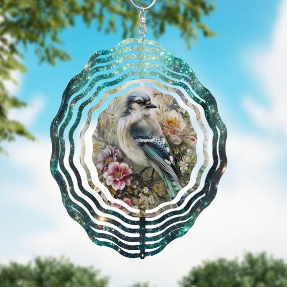 Beautiful Shabby Chic Blue Jay 8" or 10" Wind Spinner, Optional Spiral Tail Available. FAST SHIPPING!