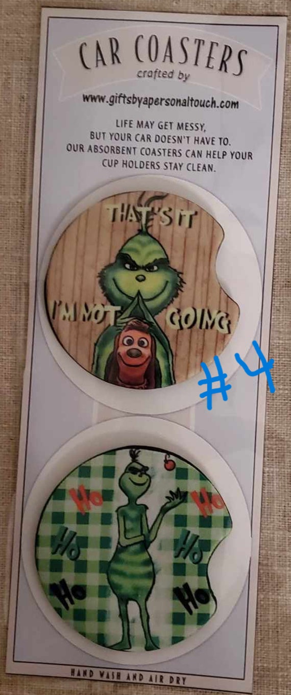 Set of Grinch Car Cup Coasters, Fun Stocking Stuffers, Fast FREE Shipping!