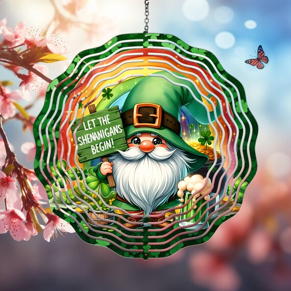 St Patrick's Day Gnome 10" Wind Spinner, Optional Spiral Tail Available, FAST SHIPPING!