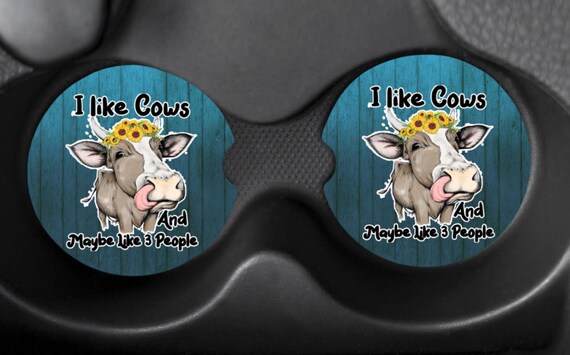 Cute Set of 2 "I Like Cows and like Maybe 3 People" Car Cup Coasters, Fast FREE Shipping!