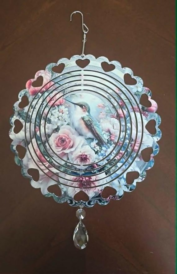 Vintage-Look Shabby Chic Hummingbird on heat-laced 10" Wind Spinner, Includes a glass crystal to hang from bottom, FAST SHIPPING!