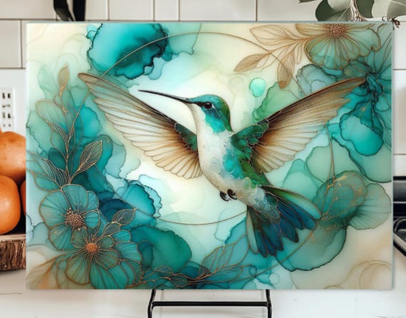 Gorgeous Hummingbird Tempered Glass Cutting Board, Floral alcohol ink design, or CUSTOM image, Choice of Size, FAST SHIPPING!