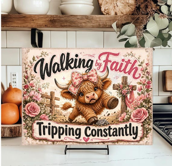 Cute "Walking by Faith" Tempered Glass Cutting Board, 11"x8", FAST SHIPPING!