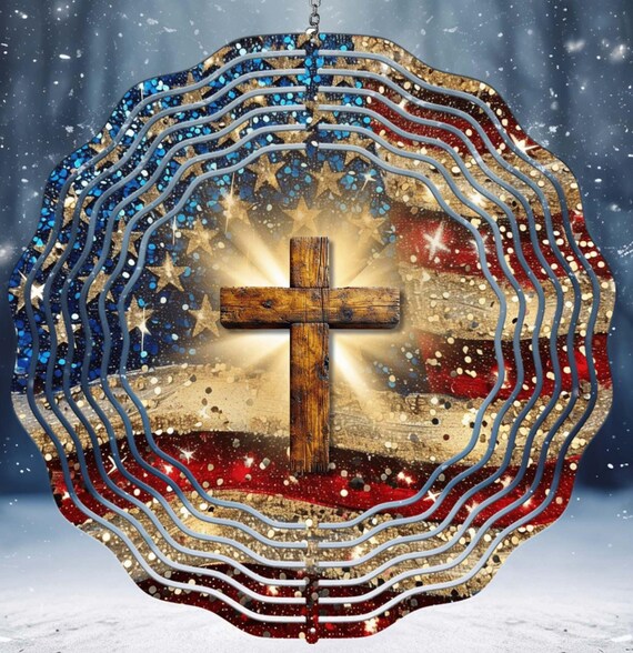 Glitter Flag Cross 10" Wind Spinner, Item #SP307, Optional Spiral Tail Available, FAST SHIPPING!