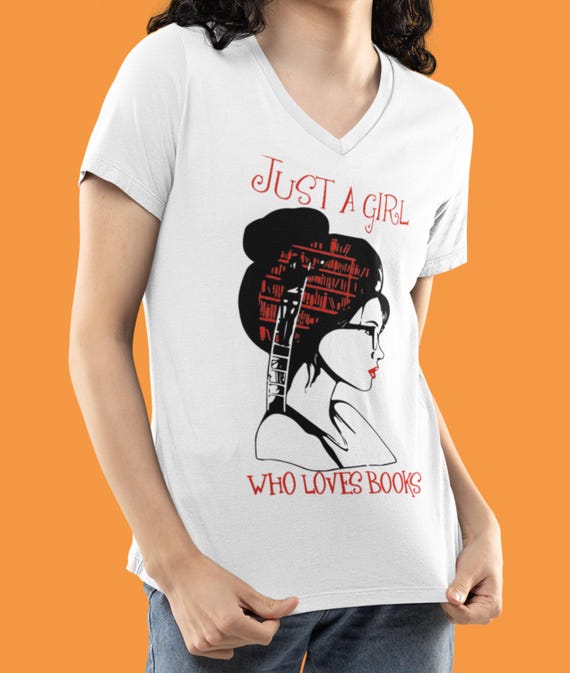 CLEARANCE! Cute "Just a Girl Who Loves Books" Women's Small V-Neck T-Shirt, Fast Shipping!