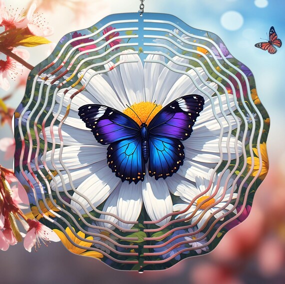 Colorful Butterfly & Daisy on 10" Wind Spinner, Item #SP369, Optional Spiral Tails Available, FAST SHIPPING!