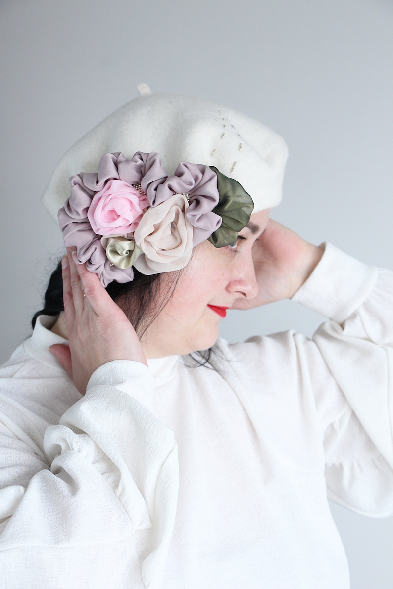 winter autumn warm head accessories for women and men White beret femme with flowers