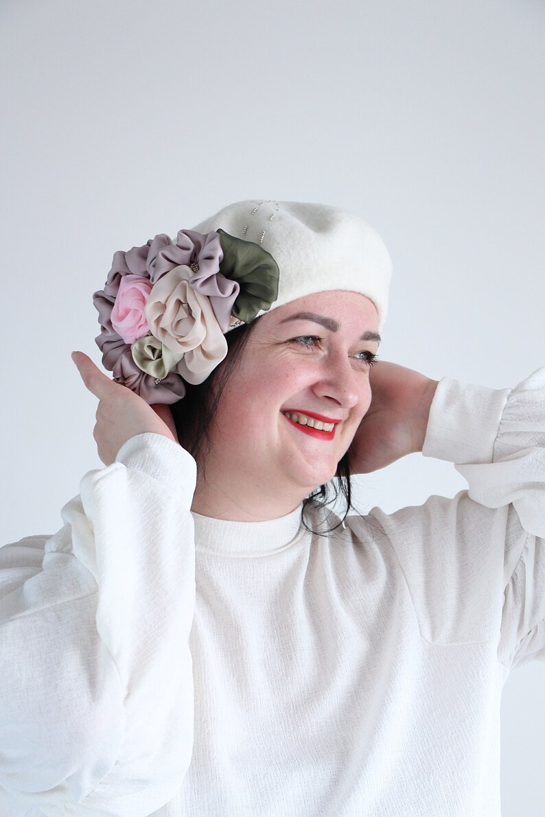 winter autumn warm head accessories for women and men White beret femme with flowers