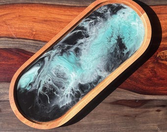 Vassoio in resina/legno astratto nero, verde acqua e bianco