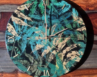 Orologio in resina con foglie stratificate verdi e blu, 14”, 16”, 18”