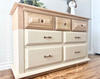 Stylish Newly Refinished Dipped Cream & Natural Wood Dresser (DFW Local Pickup Only)