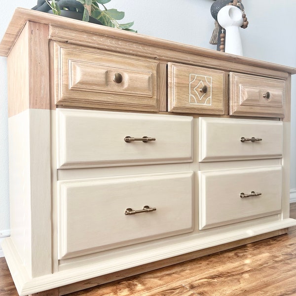 Stylish Newly Refinished Dipped Cream & Natural Wood Dresser (DFW Local Pickup Only)