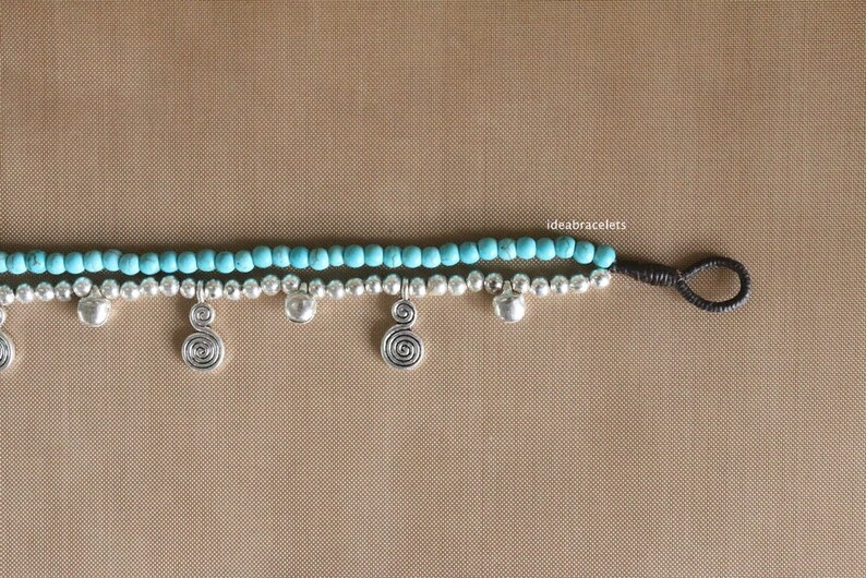 Bohemian Turquoise Silver Swirl Bell Anklet Ankle Bracelet Gift For Woman Gypsy Hippy Foot Jewelry Birthday Gift For Girl Friend