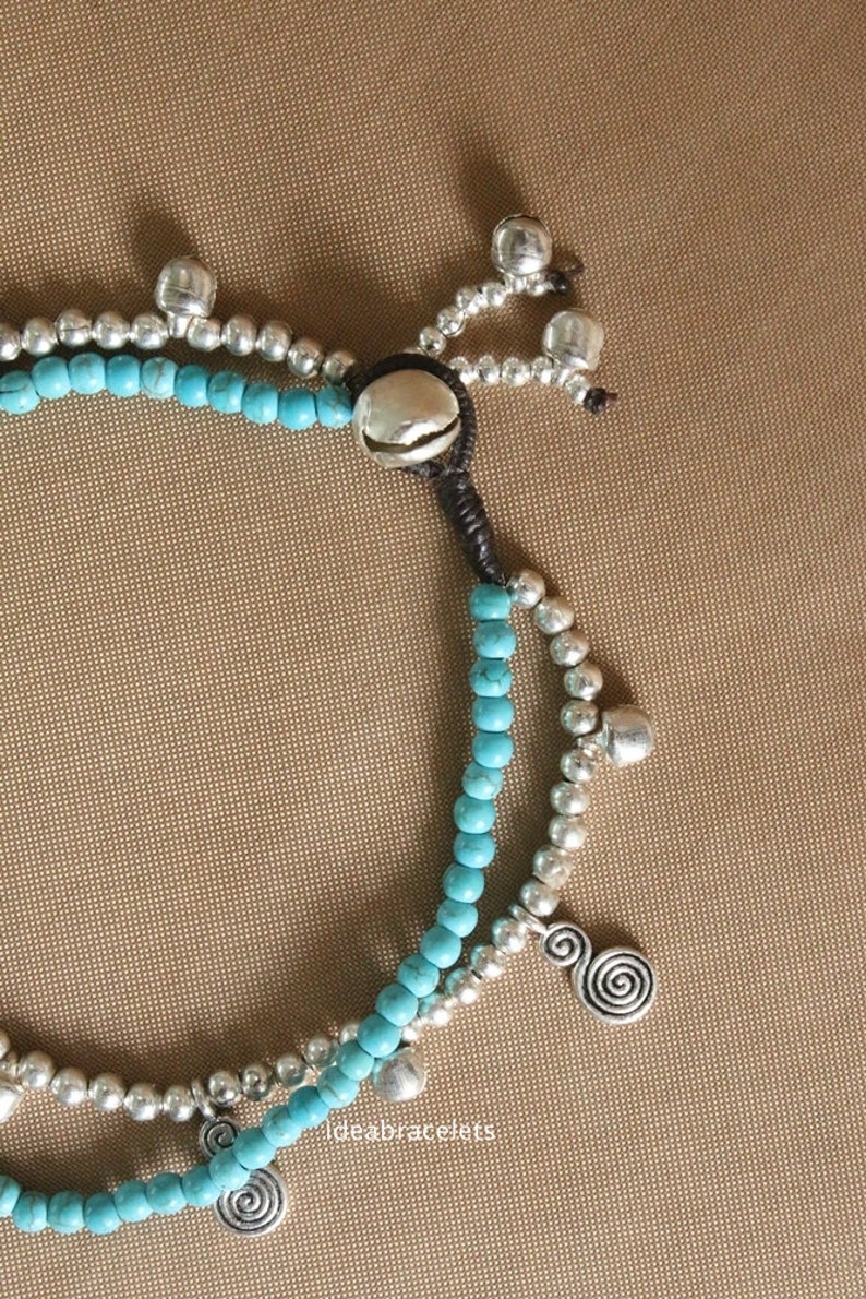 Bohemian Turquoise Silver Swirl Bell Anklet Ankle Bracelet Gift For Woman Gypsy Hippy Foot Jewelry Birthday Gift For Girl Friend
