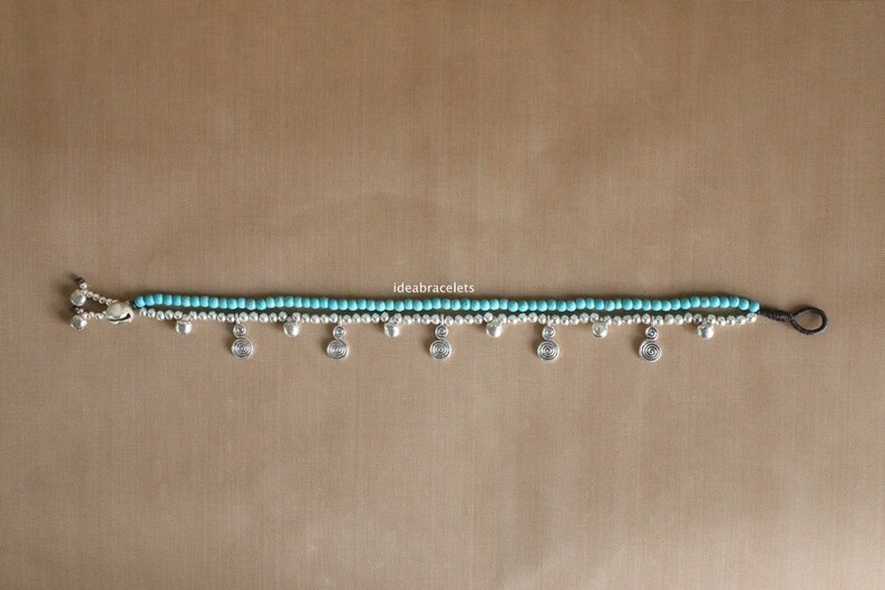 Bohemian Turquoise Silver Swirl Bell Anklet Ankle Bracelet Gift For Woman Gypsy Hippy Foot Jewelry Birthday Gift For Girl Friend
