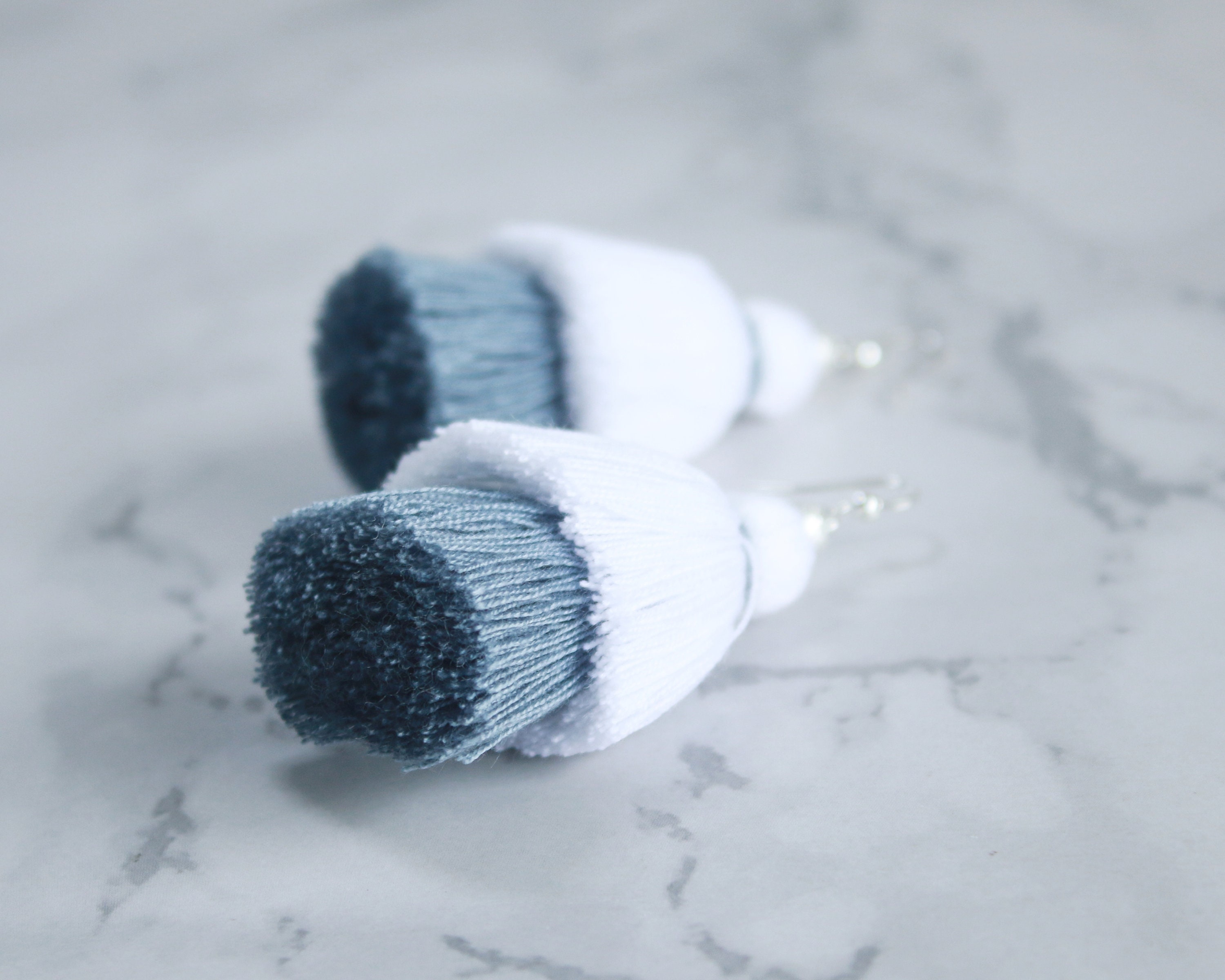 Gray & White Tassel Fringe Earrings With Silver Beads TWT Etsy