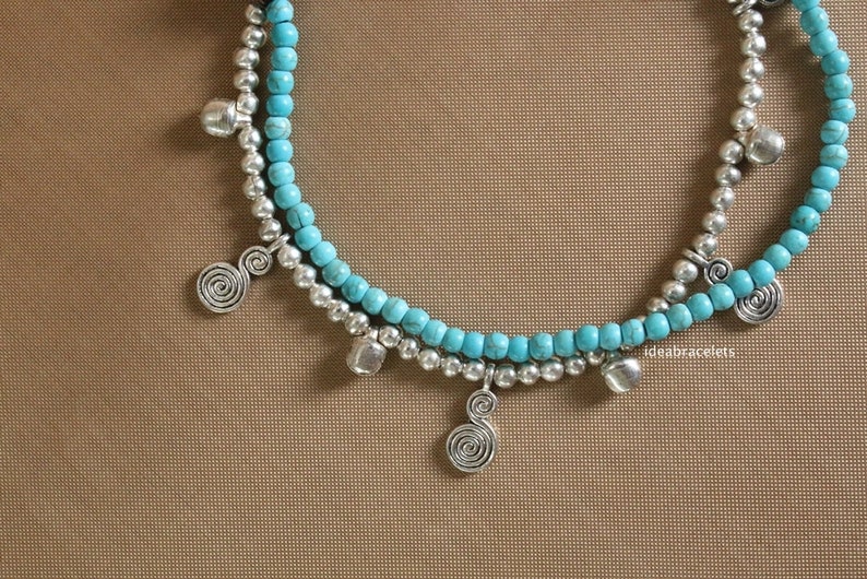 Bohemian Turquoise Silver Swirl Bell Anklet Ankle Bracelet Gift For Woman Gypsy Hippy Foot Jewelry Birthday Gift For Girl Friend