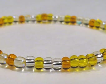 Orange, Yellow, and Crystal Bracelet made from Seed Beads and elastic stretch cord, homemade, customizable