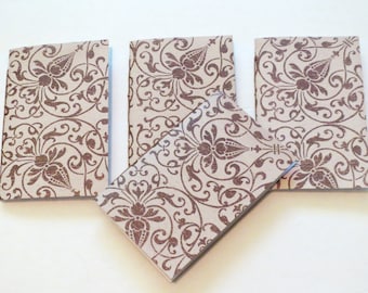 4 Mini Notebooks Tan filigree floral pattern, Mini journal, patterned notebook, Brown notebook, blank journal, birthday party, tan journals,