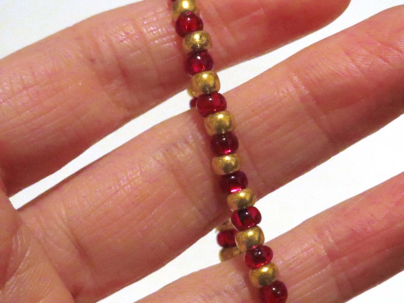 Red and Gold bracelet made from Seed Beads and stretch cord. Red seed bead bracelet, stretchy bracelet. Golden bracelet, Gold seed bead image 3