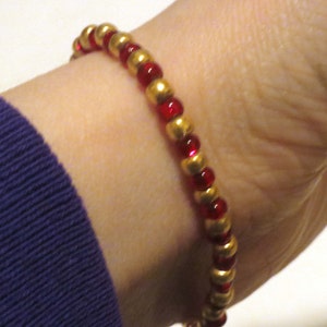 Red and Gold bracelet made from Seed Beads and stretch cord. Red seed bead bracelet, stretchy bracelet. Golden bracelet, Gold seed bead image 4