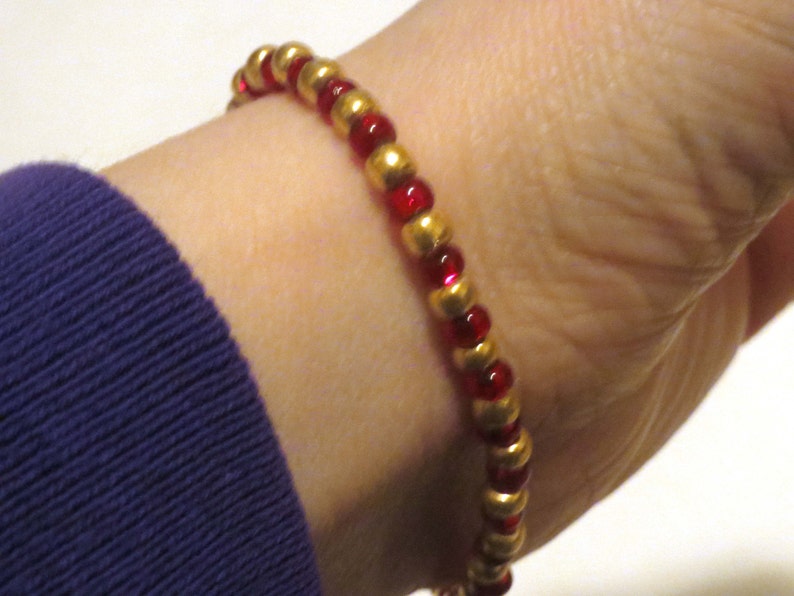 Red and Gold bracelet made from Seed Beads and stretch cord. Red seed bead bracelet, stretchy bracelet. Golden bracelet, Gold seed bead image 4