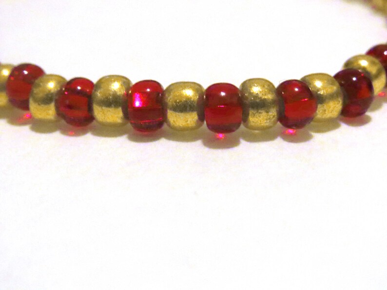 Red and Gold bracelet made from Seed Beads and stretch cord. Red seed bead bracelet, stretchy bracelet. Golden bracelet, Gold seed bead image 2